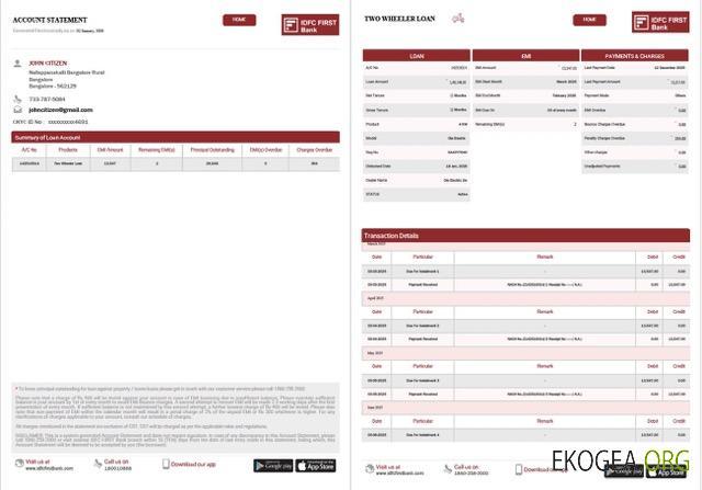 Inde IDFC First Bank Limited relevé de compte Modèle Word et PDF, 2 pages